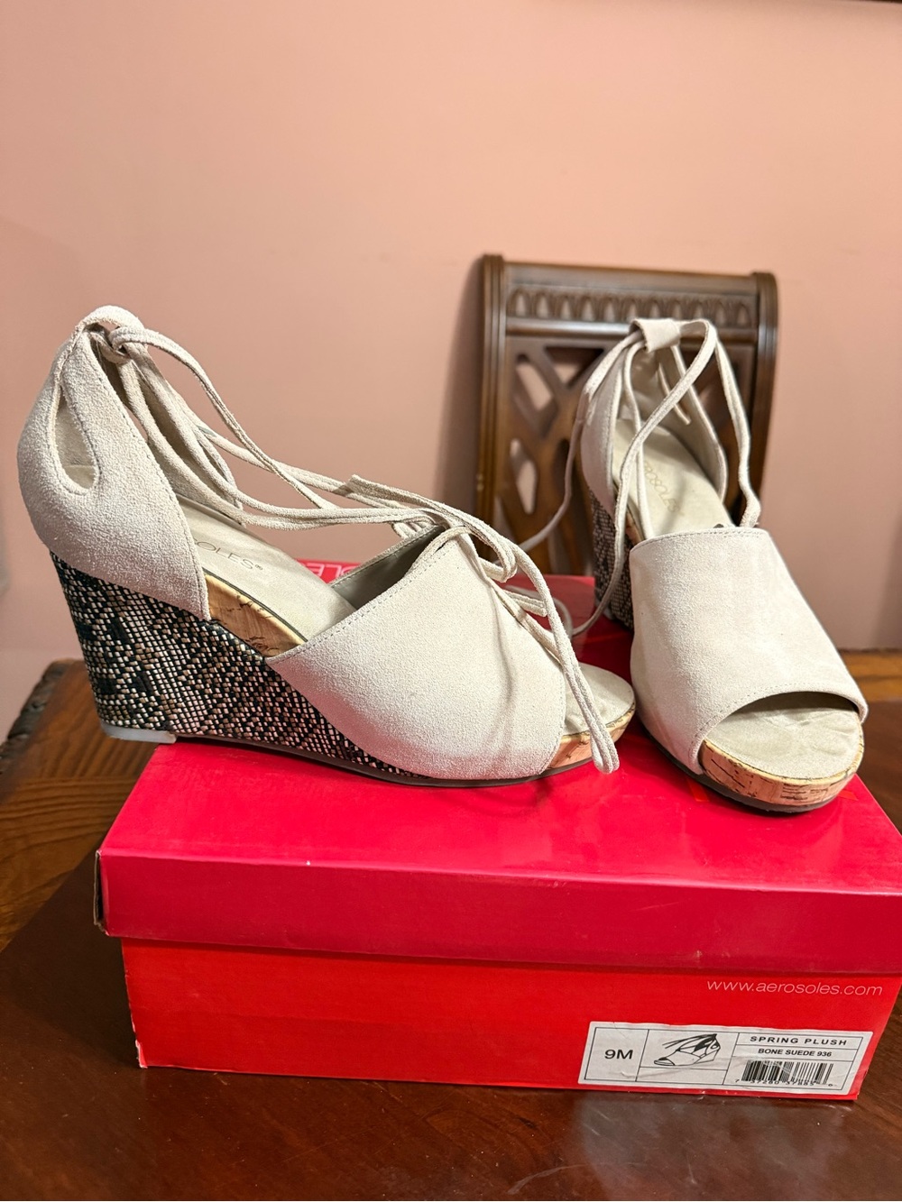 Aerosole Beige Lace-Up Wedge Sandals for Women